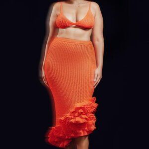 Hanifa Orange Crochet Midi Skirt with Ruffle Hem